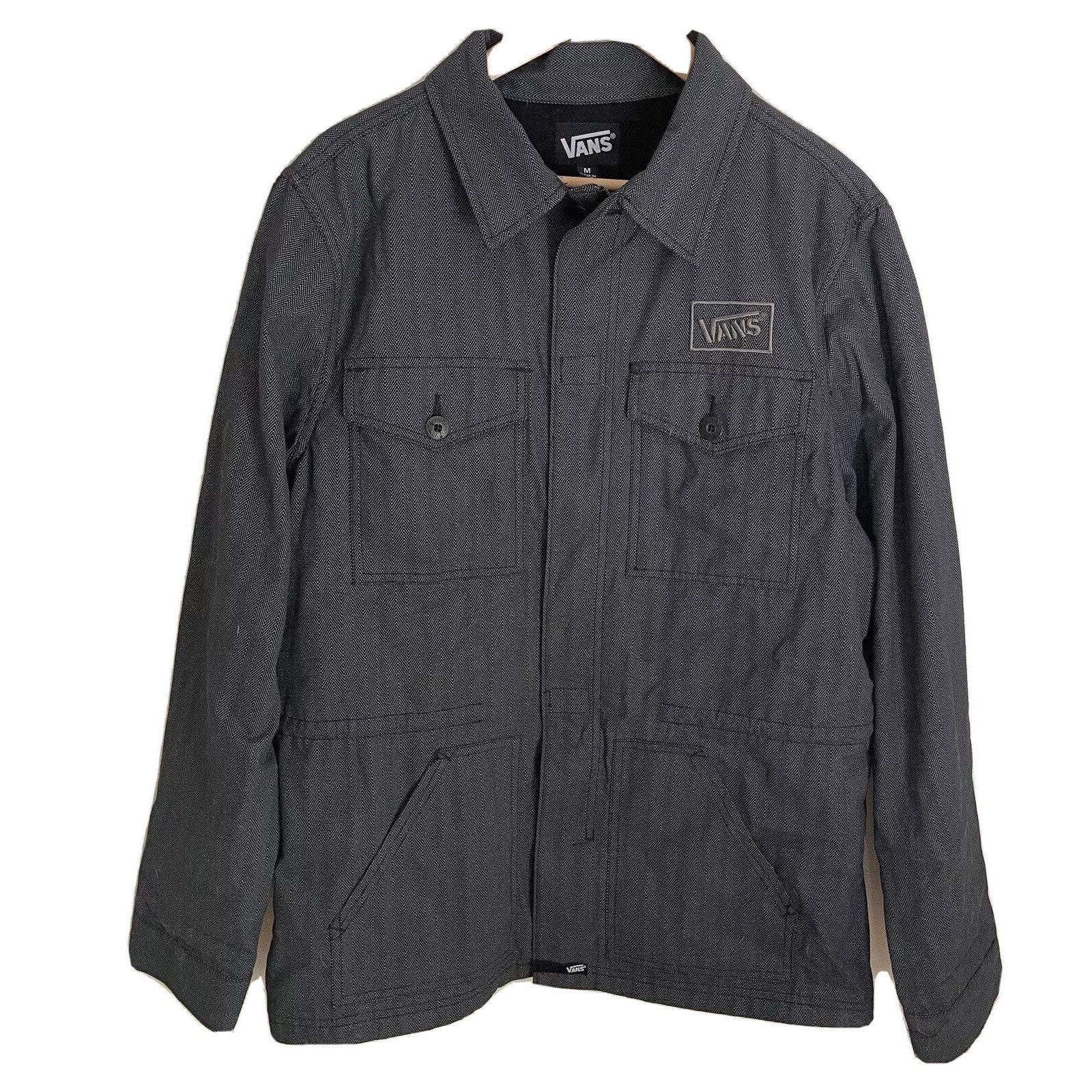 Vans Drill Chore Coat Gray Full Zip Lined Herringbone Pattern Cotton Men Sz Med